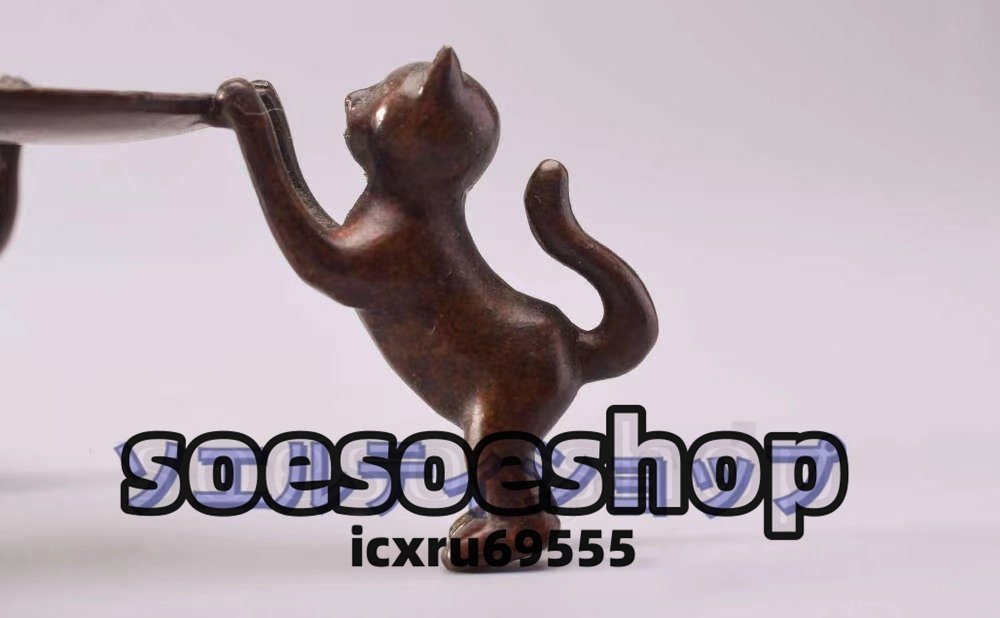 茶蓋置く 急須 茶托 真鍮 純銅製 猫形 置物 民芸品 細密彫刻 茶道具 総高4.5cm_画像7