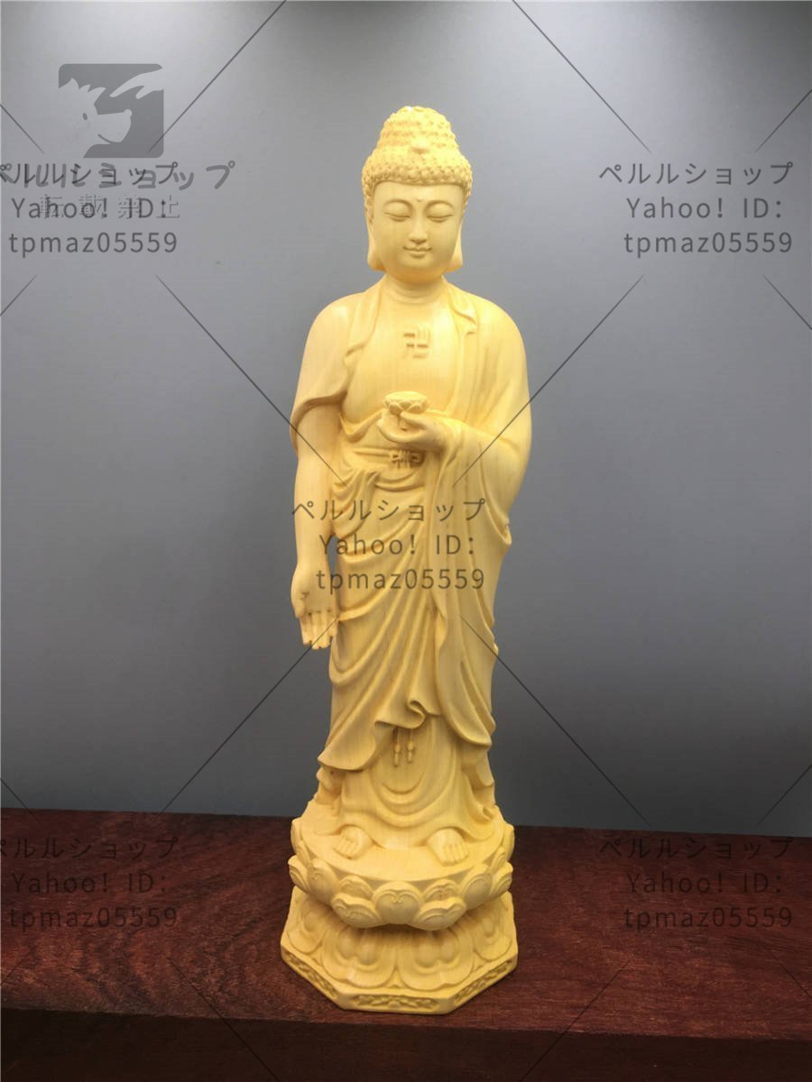 黄楊木彫西方三聖居宅供養仏堂阿弥陀観音菩薩実木彫刻置物 高さ20cm