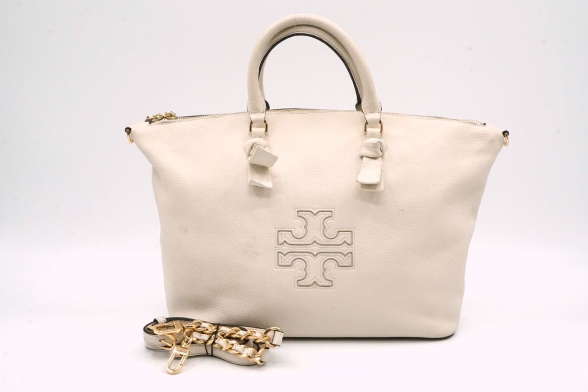 1円〜 トリーバーチ ハーパー 2way チェーン ショルダー ハンドバッグ トート リボン ロゴ HARPER レザー 白 ホワイト TORY BURCH 6821h_画像1