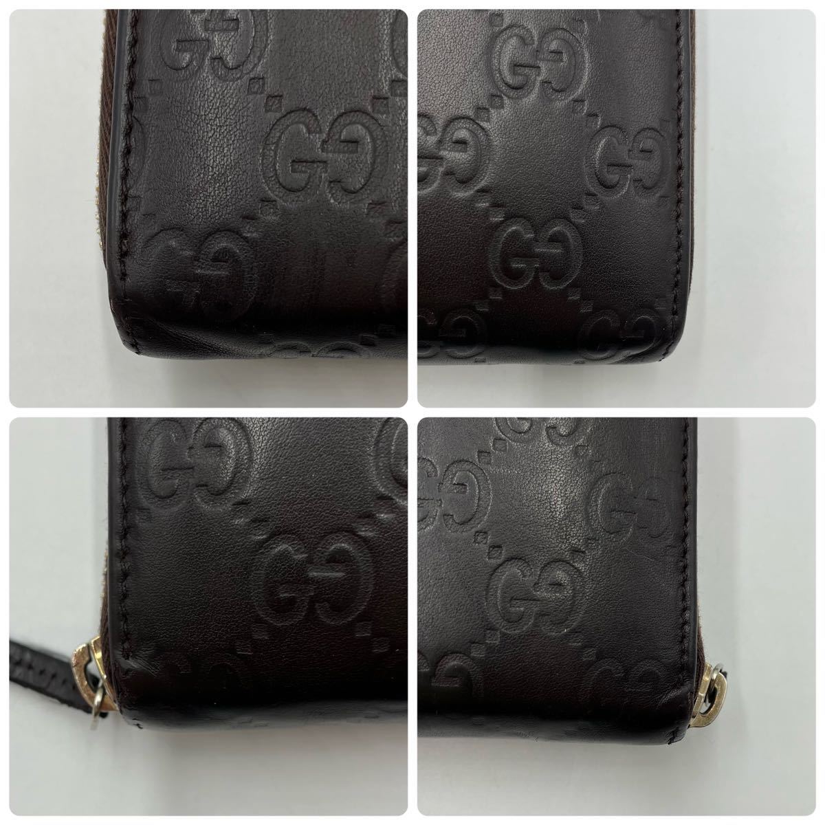 1円《入手困難》GUCCI グッチ 長財布 ラウンドジップ ウォレット GGシマ ダークブラウン メンズ レディース 男女 レザー 本革 プレート_画像7