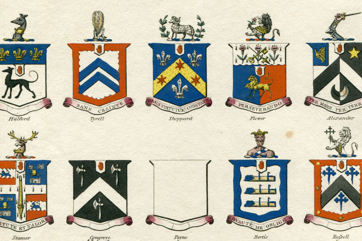 1813年 手彩色 銅版画 ロンドン百科事典~HERALDRY PL XCV. Baronets 準男爵 紋章_画像2