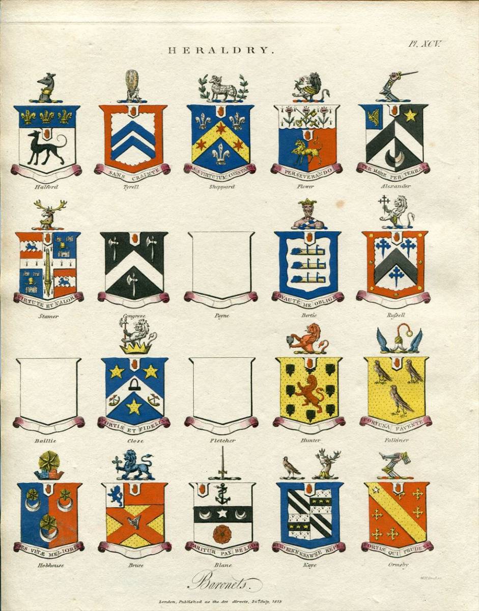 1813年 手彩色 銅版画 ロンドン百科事典~HERALDRY PL XCV. Baronets 準男爵 紋章_画像1