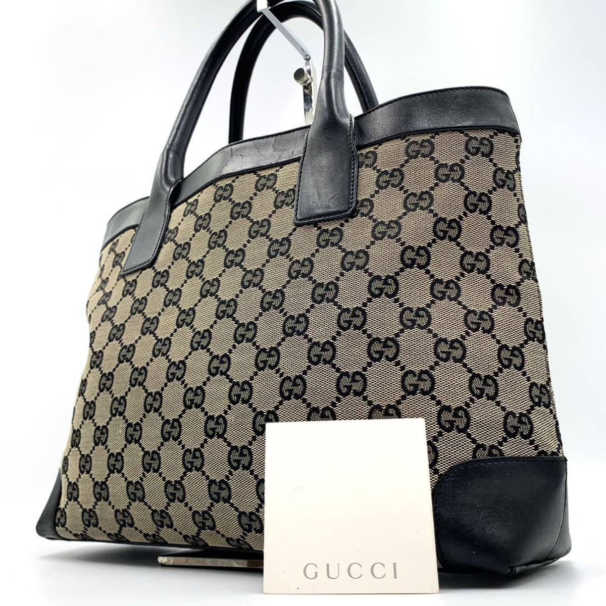 1031【A4可人気】GUCCI グッチ トートバッグ ハンドバッグ ビジネスバッグ レザー GG スプリーム キャンバス 手提げカバン 肩掛け ブラック_画像1