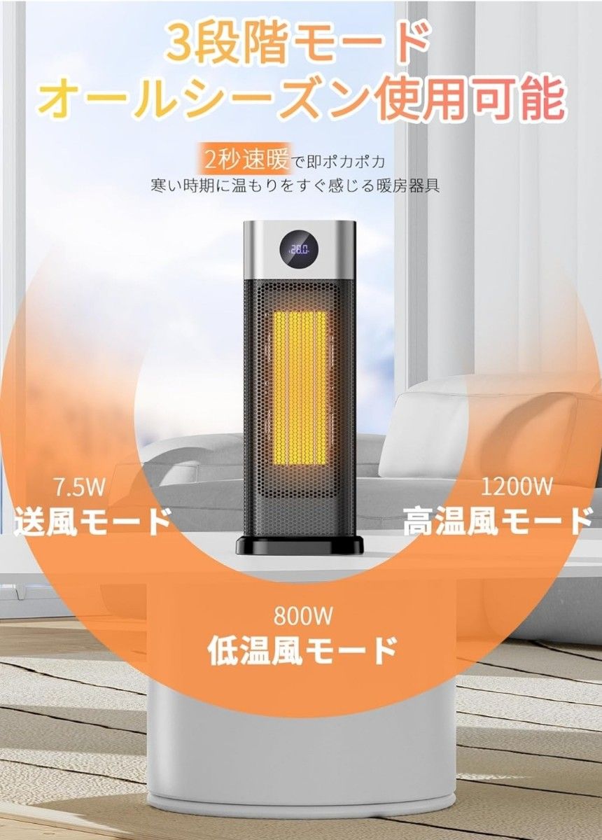 セラミックヒーター 電気ファンヒーター 電気ヒーター ECO温度センサー 節電対策 首振り 1200W 温風式 大風量 3段階切替