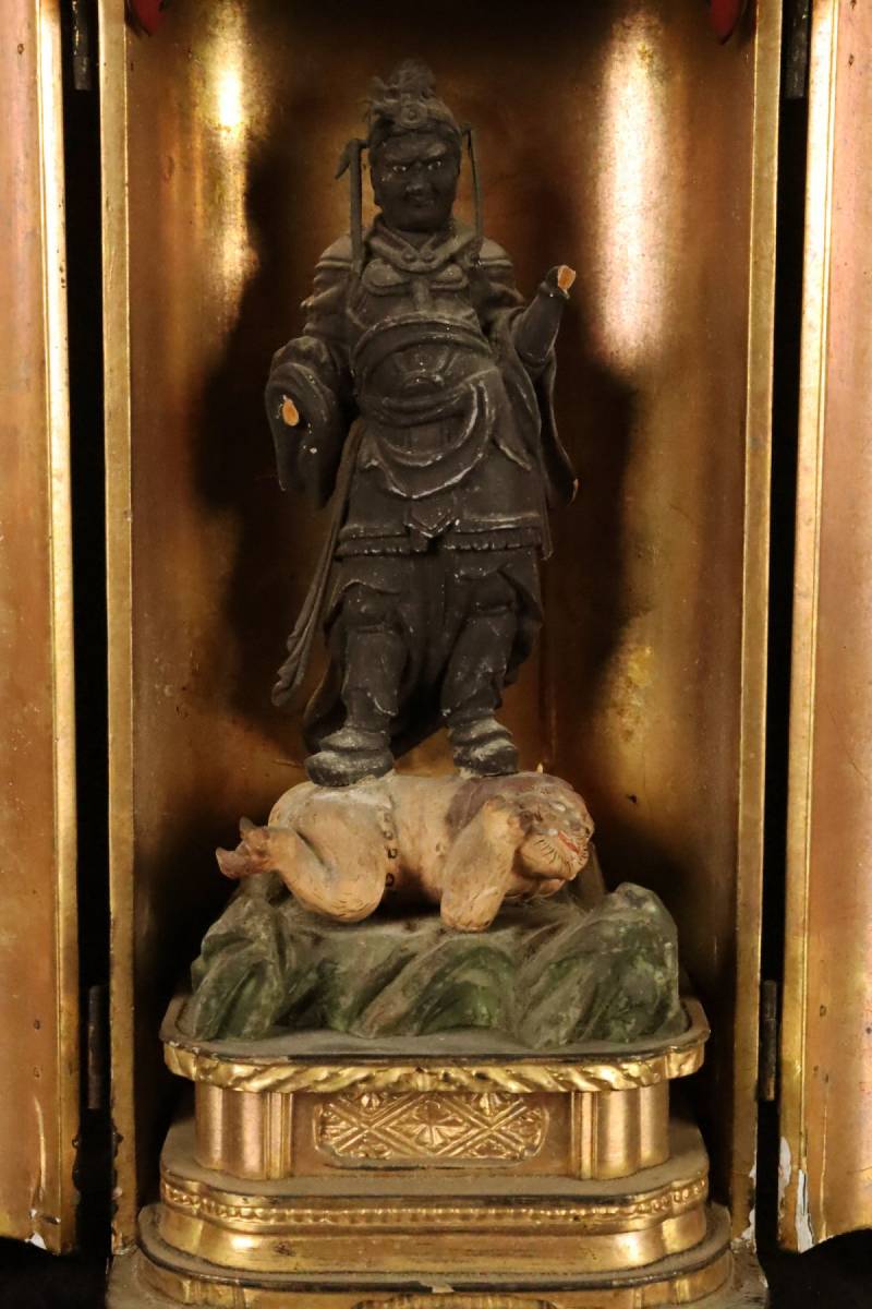仏教美術 室町時代 厨子入 木彫 獅子乗り神将像 高さ29.5cm 寺院所蔵品[510219wt]_画像6