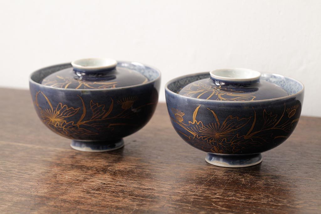 R-042744　江戸期　古伊万里　瑠璃金彩花文蓋茶碗2客セット(和食器)(R-042744)