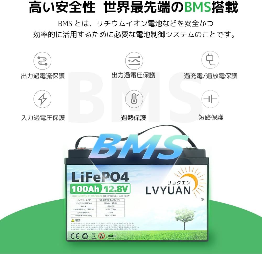新品 LiFePO4（リン酸鉄リチウム）電池 リチウムイオンバッテリー 12V 100AH 1280Wh 120AのBMS 、RV、キャンピングカー 、ソーラー LVYUAN_画像3