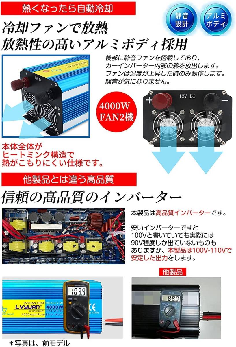 永久保証 新品 インバーター 正弦波 4000W 最大8000W 12V 50Hz/60Hz 100V 車変圧器 車中泊 カーインバーター キッチンカー 防災 LVYUAN_画像7