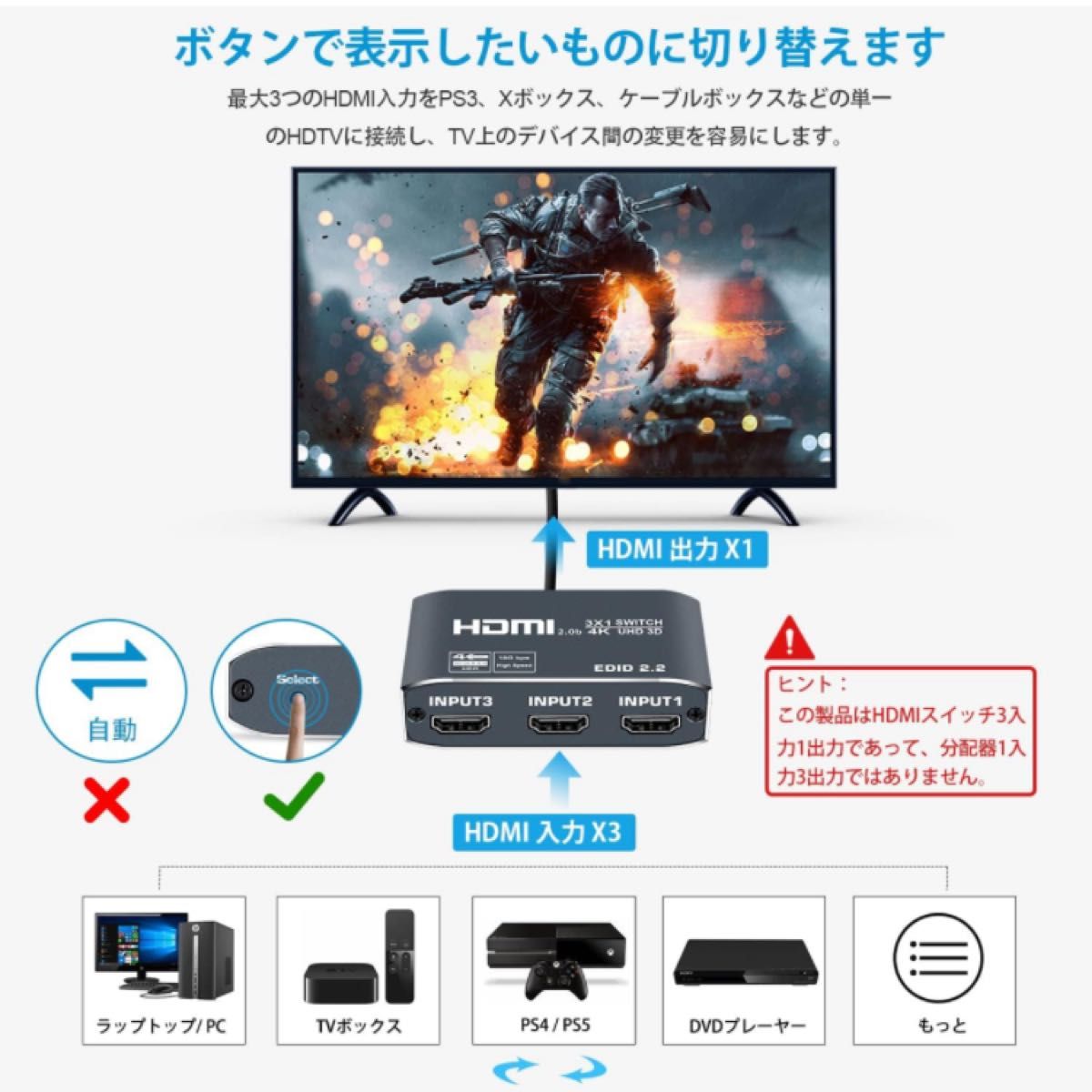 avedio links 4K 60Hz HDMI 切り替え器 3入力1出力