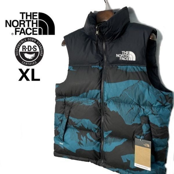 1円～!売切!【正規新品】THE NORTH FACE PRINTED 1996 RETRO NUPTSE VEST ダウンベスト ヌプシ US限定 ロゴ刺繍(XL)青 総柄 ① 190122-115_画像1