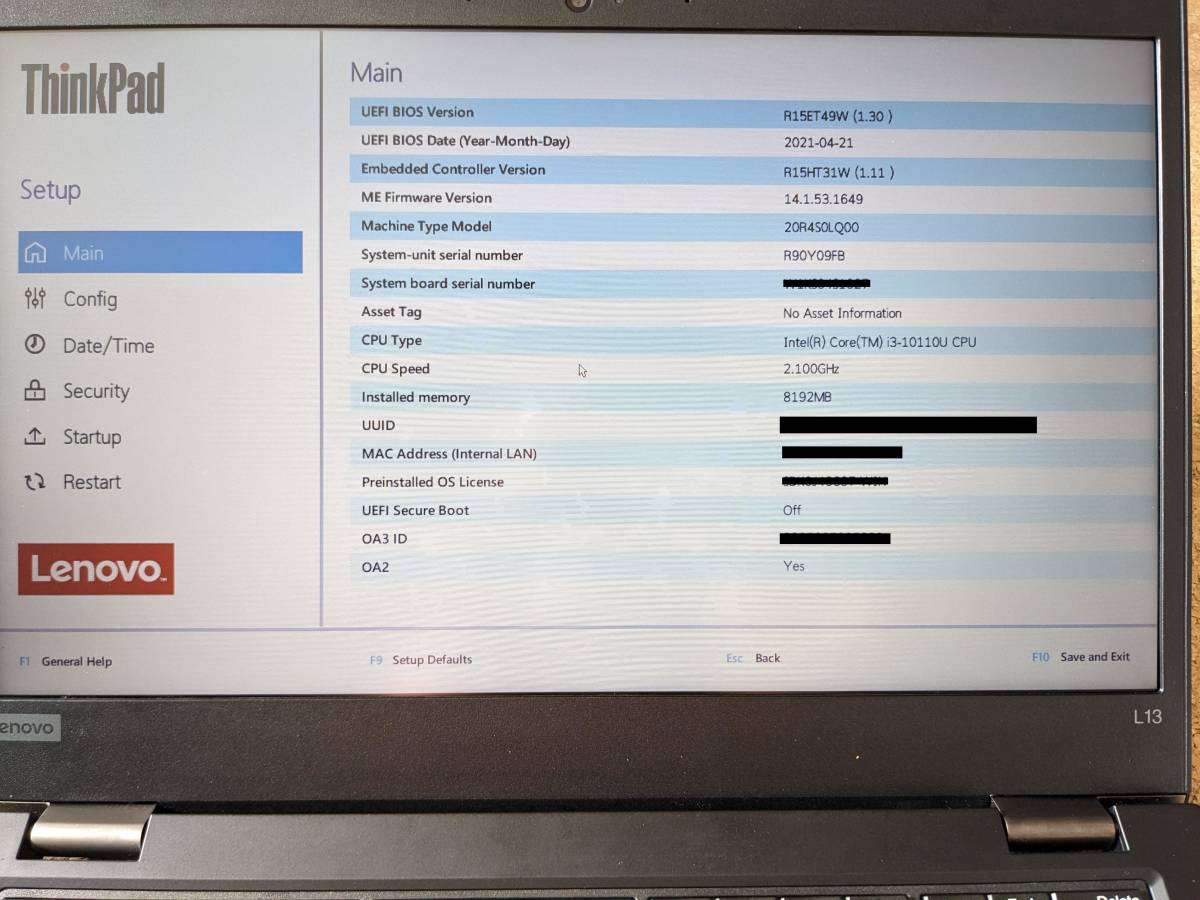 ThinkPad L13 (マシンタイプ 20R4) Core i3-10110U 8GB M.2 128G 8GB 　20R4S0LQ00_画像8