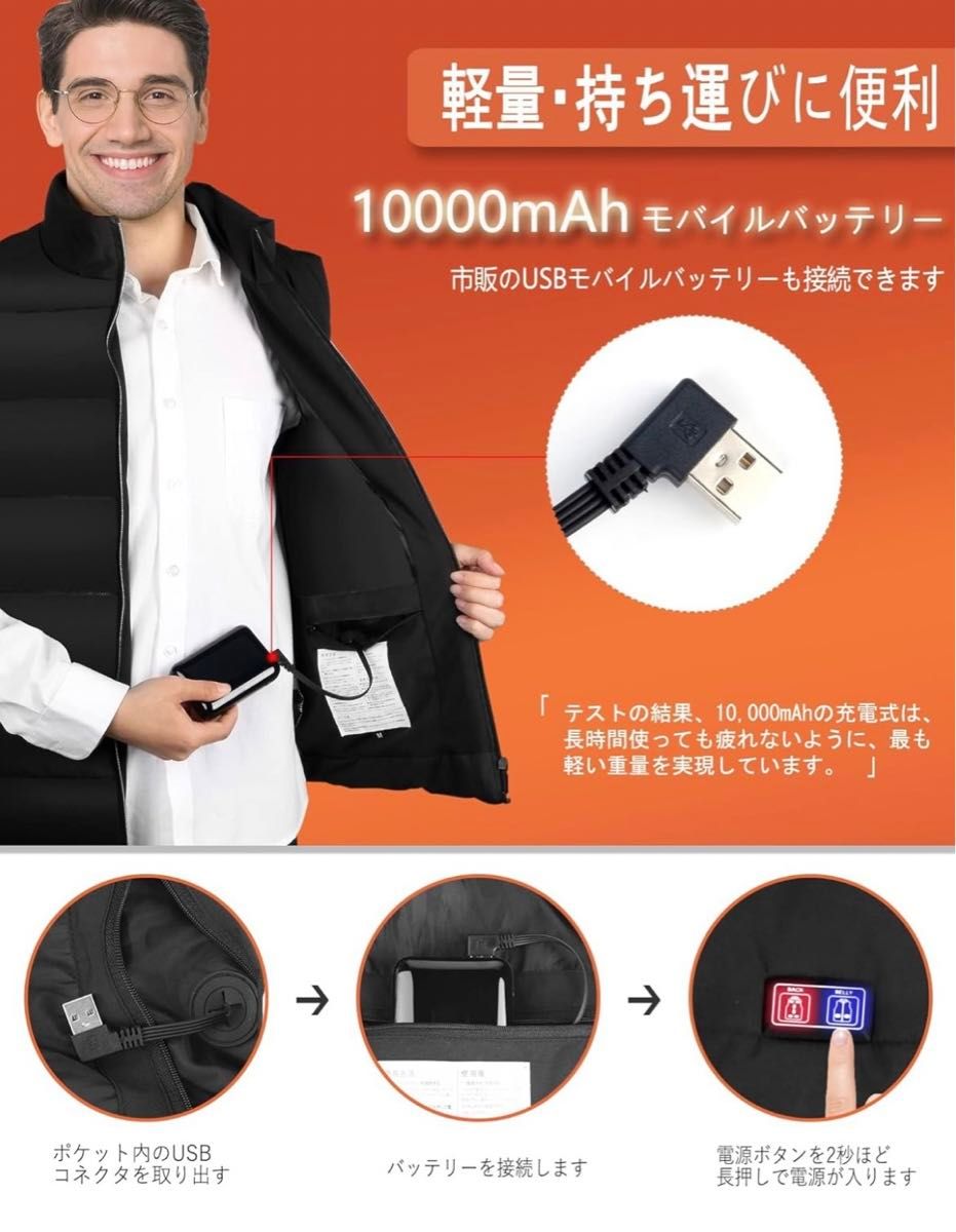 売り尽くし！！電熱ベスト 9箇所発熱  軽量  10000mAh  USB給電