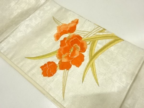 ys6878032; 宗sou 格子に草花模様刺繍名古屋帯【リサイクル】【着】_画像1