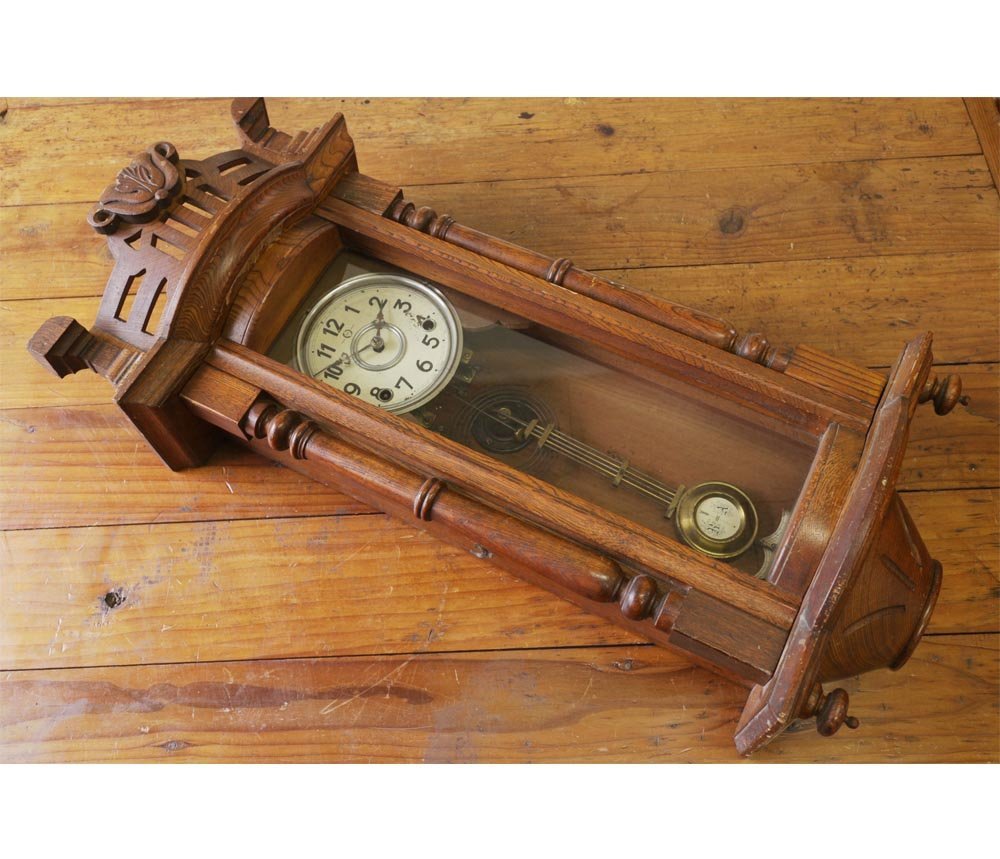 レトロ ゼンマイ式 掛時計 古時計 日本製 トレードマークM ジャンク 柱時計 木製 H77cm アンティーク ビンテージ[G292]_画像1