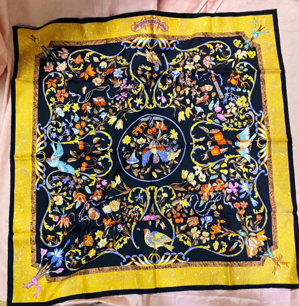 美品 エルメス スカーフ シルク イエロー ブラック 花柄 美品 エルメス スカーフ シルク イエロー ブラック 花柄