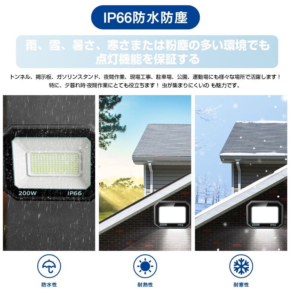 送料無料 5台 極薄型 LED投光器 200W 3200W相当 LED 作業灯 超高輝度 25000lm 昼光色 6000k 省エネ 長寿命 IP66 防水防塵 2M長コードlt-03B_画像7