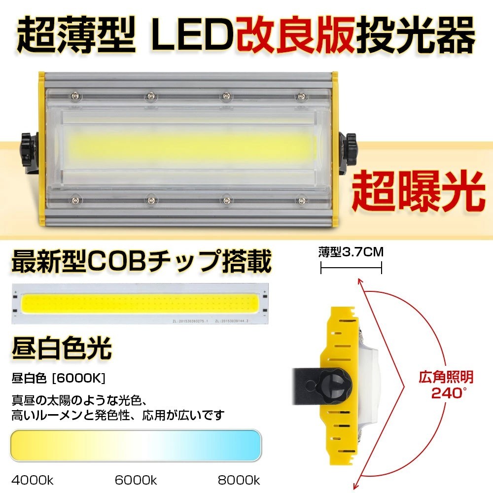 2台 50W・500W相当 LED 投光器 スイッチ付き 8000LM AC85-120V 昼光色 6000K 広角240度 IP67防水 3Mケーブル コード付き ledライト KRO-501_画像2