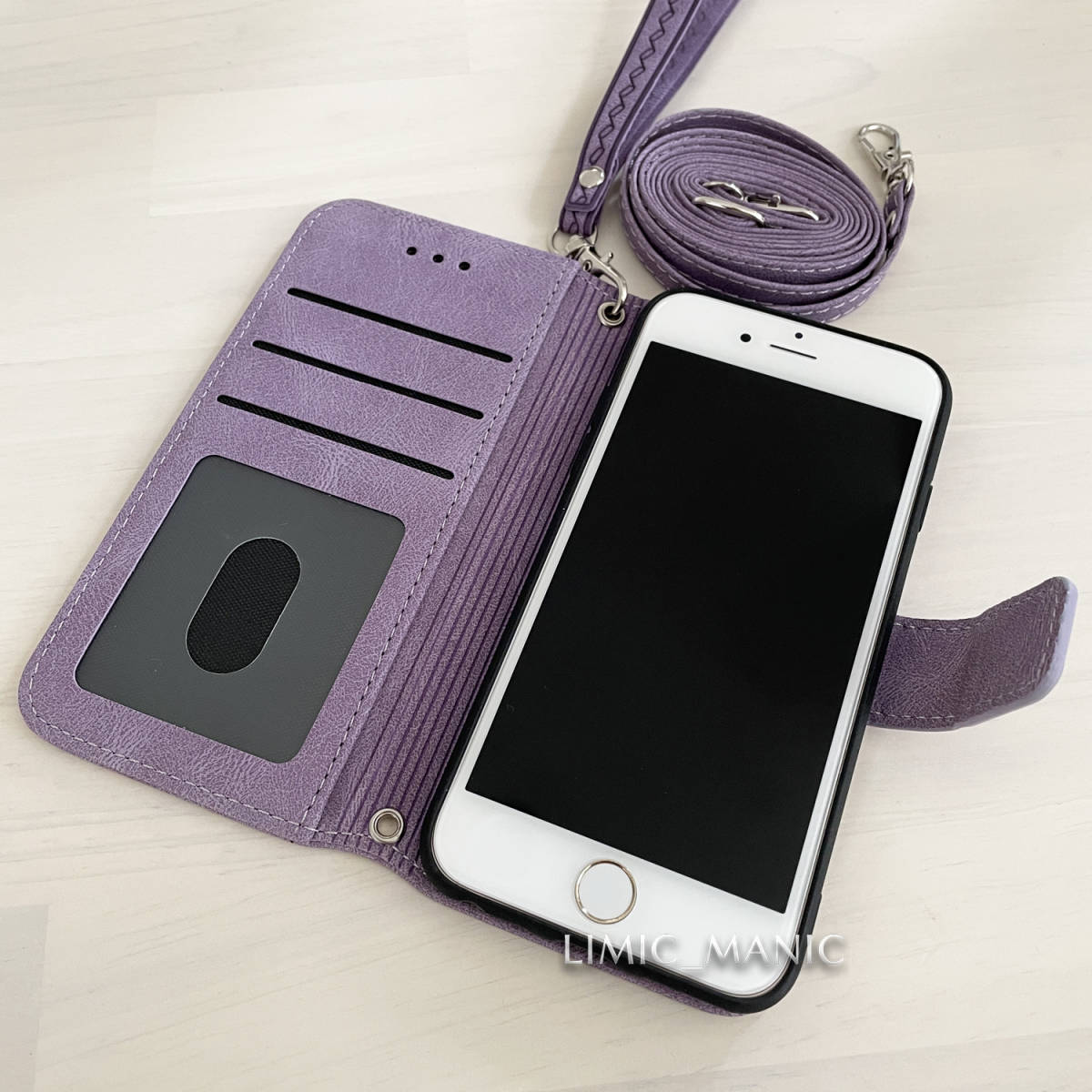 iPhone 6 6s 7 8 SE (第2/第3世代) SE2 SE3 スマホ ケース 手帳型 エスニック ショルダー 肩掛け 紐付き ストラップ レザー調 パープル 紫_画像5
