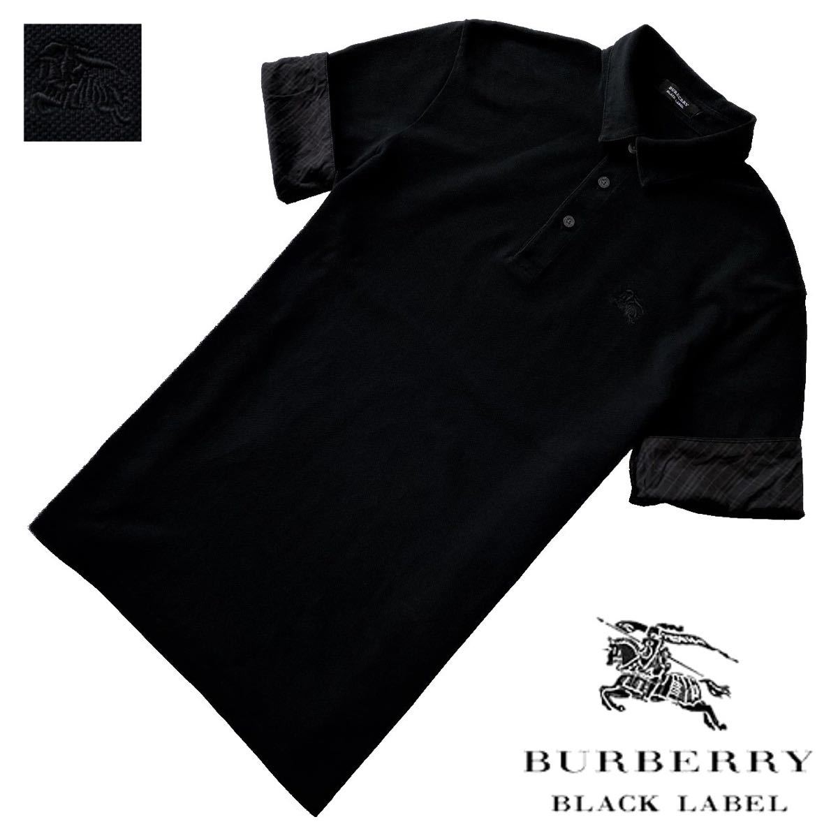 美品 バーバリーブラックレーベル BIGホース刺繍 襟裏・袖裏シャドーノバチェック 鹿の子 半袖 ポロシャツ 3/L 黒 BURBERRY BLACK LABEL