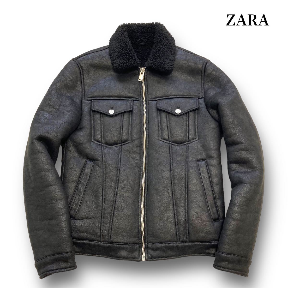 【ZARA】ザラ フェイクムートン サードタイプ ボアジャケット ブラック ミリタリージャケット レザージャケット ブルゾン 黒 ブラック (M)