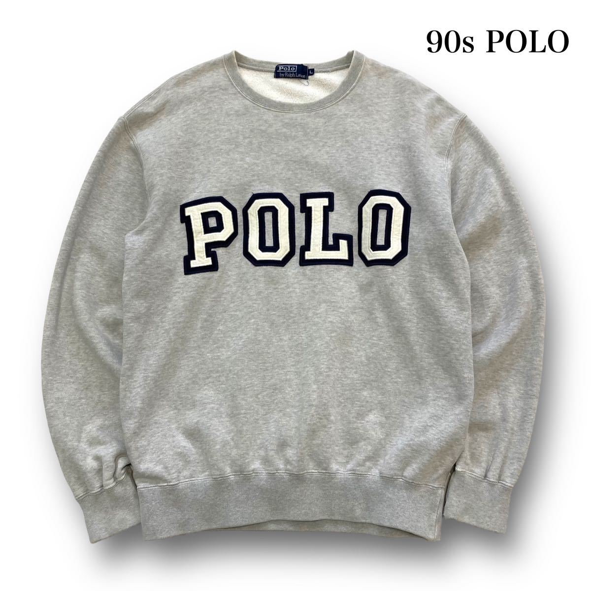 【POLO RALPH LAUREN】90s ポロラルフローレン デカロゴサガラ刺繍 立体ロゴ スウェットトレーナー 90年代 ヴィンテージ古着 グレー 灰 (L)_画像1