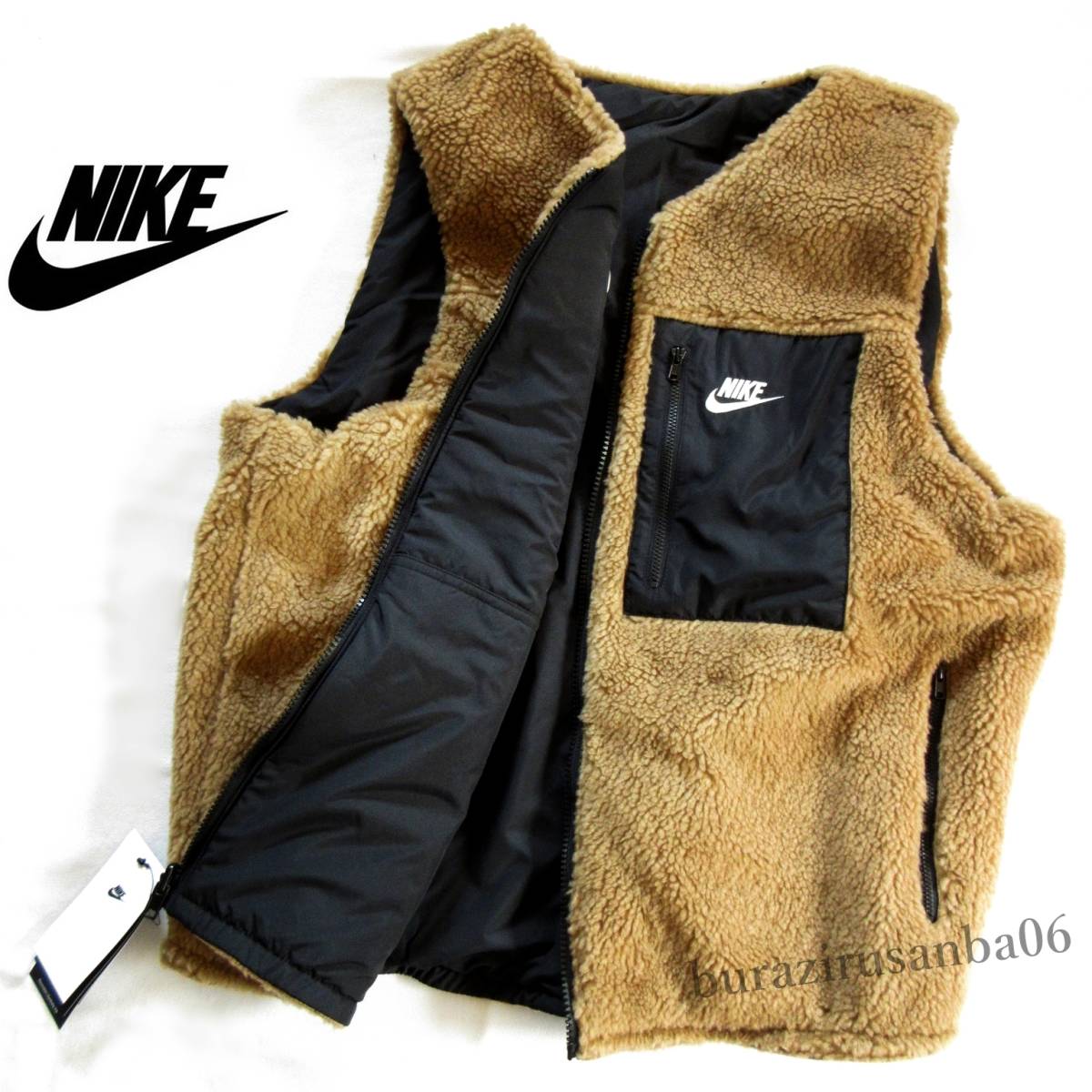 メンズ L◆未使用 定価12,650円 NIKE ナイキ リバーシブル ボアフリース ベスト 高耐久リップストップ素材 ボアベスト ルーズフィット_画像1