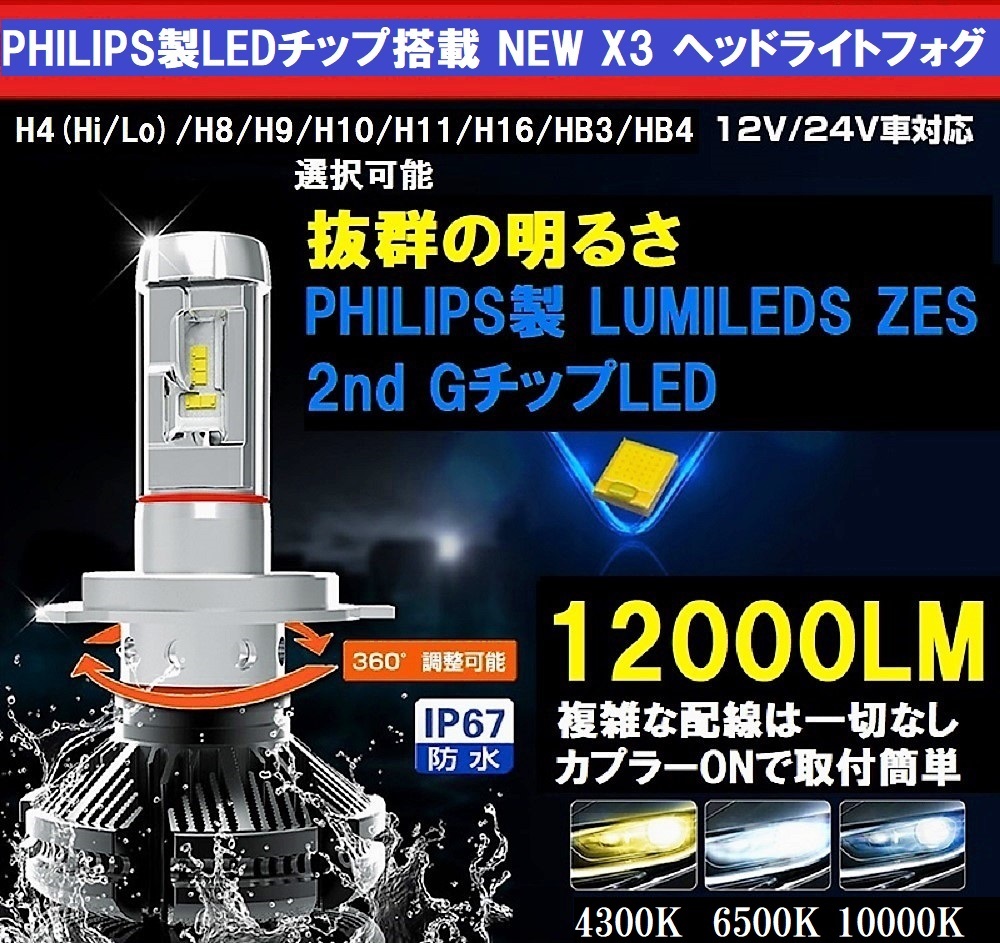  原文:Philips 2019年最新版 NEW X3 LED ヘッドライトフォグ 12000LM 12V/24V対応 H4/H8/H9/H10/H11/H16/HB3/HB4選択可 10000K/6500K/4300K変更可