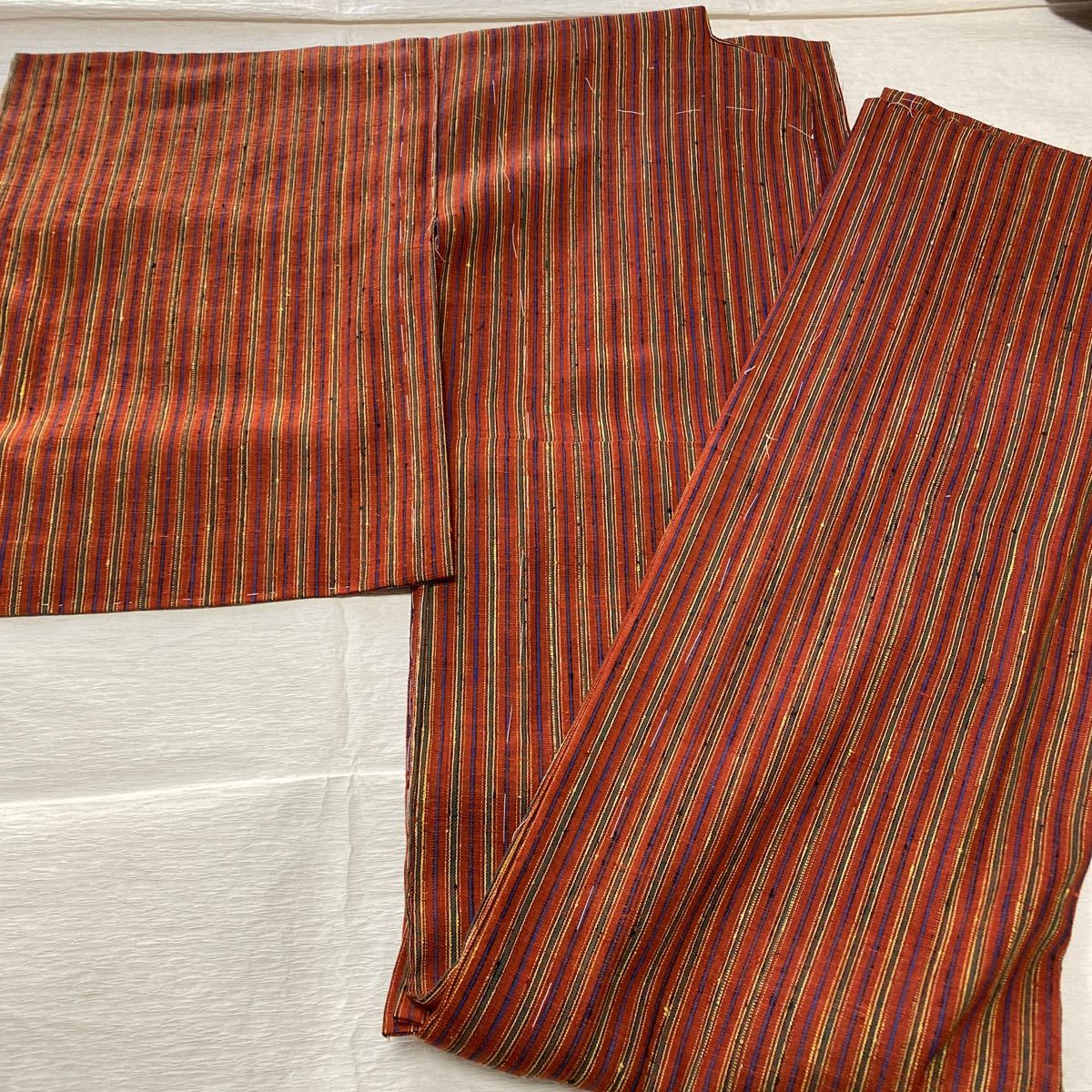 手織り紬　縞　民芸の着物　材料　単衣_画像6