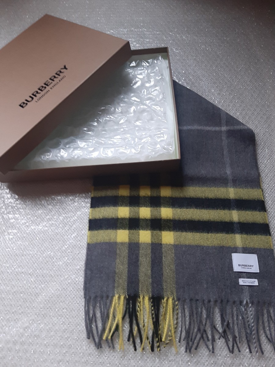 【年末セール】BURBERRY　バーバリー　マフラー　ストール　カシミヤ100％　未使用に近い　グレーイエロー　送料無料！