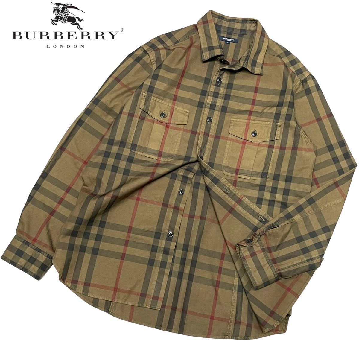 正規品 Burberry London バーバリー ロンドン BBW78-232-54 ノバチェック 長袖 コットン ドレスshirt ポケット シャツ L ブラウン メンズ_画像1