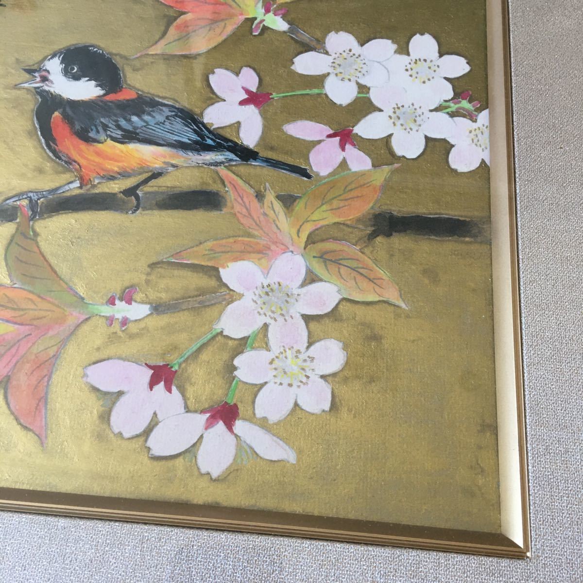 日本画 印有り 正次 額装 花鳥図 画賛 桜 絵画 色紙 J-17_画像5