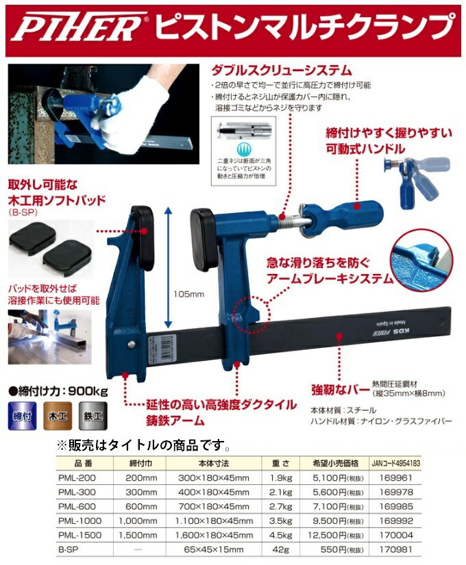 在庫 KDS ピストンマルチクランプ600 PML-600 本体寸法700x180x45mm 締付巾600mm 重さ2.7kg 締付け力900kg_画像2