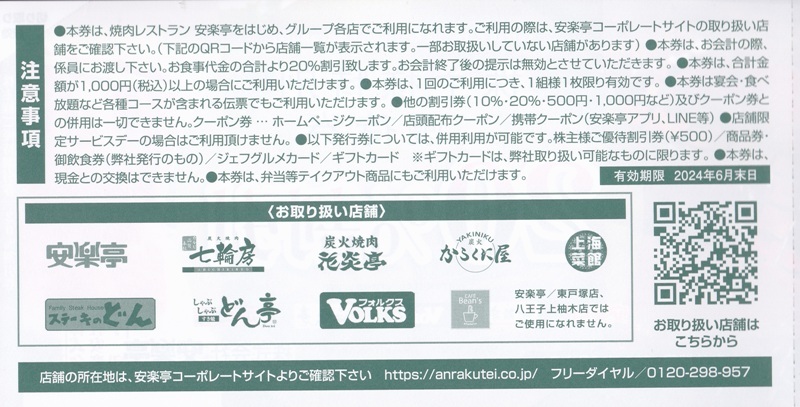 安楽亭　最新　株主優待券　13,000円分＆20％割引券　送料込　フォルクス　ステーキのどん_画像5