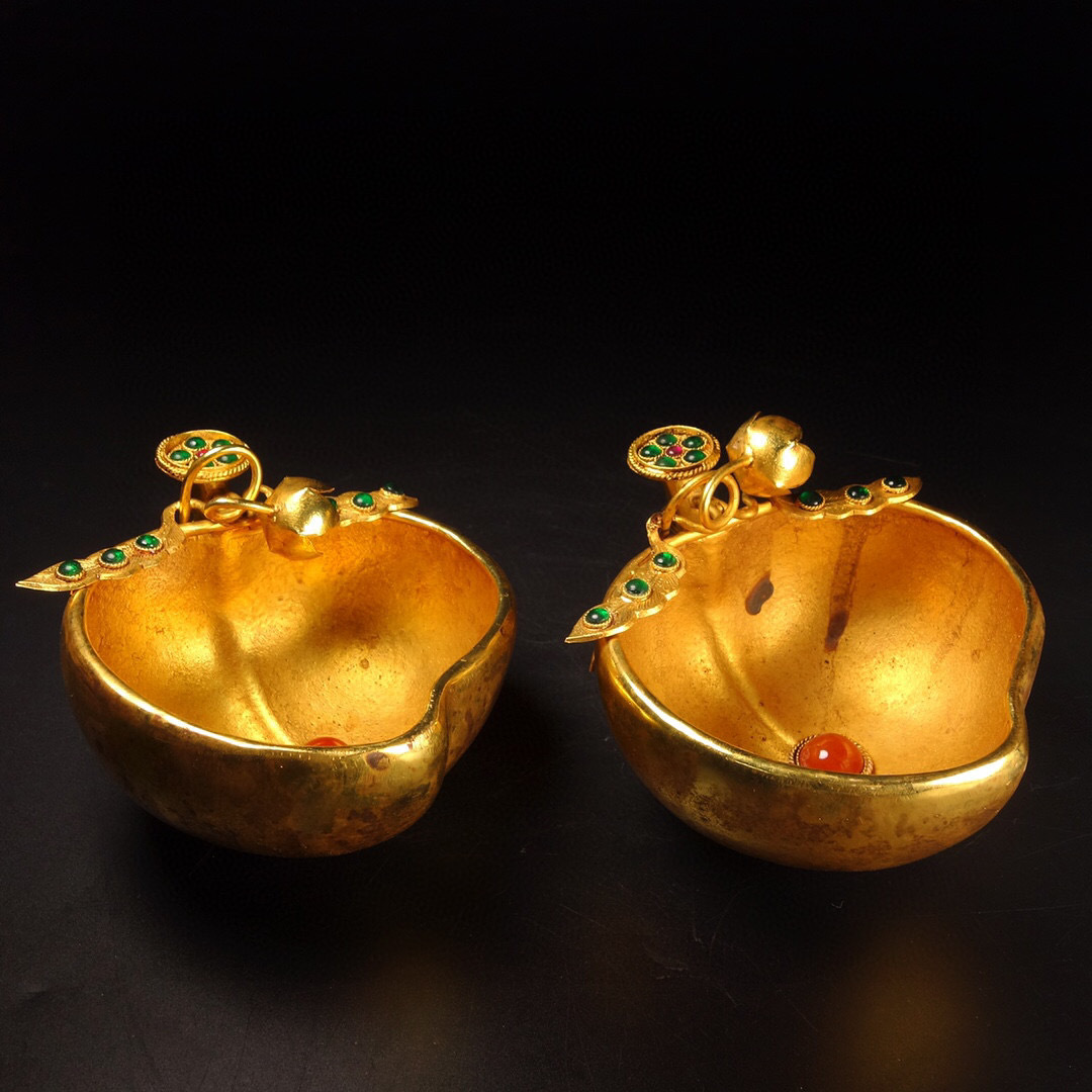 贈る結婚祝い 寿桃杯一對 寶石嵌 塗金 銅製 ▽鴻▽ 置物 中国古美術 中国古玩 古賞物 その他
