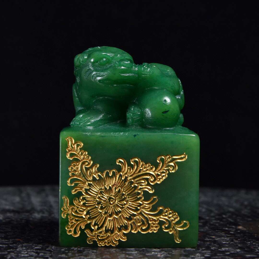▽鴻▽寿山石 綠田黄石 細密彫 獣鈕印章 置物 古賞物 中国古玩 中国古美術