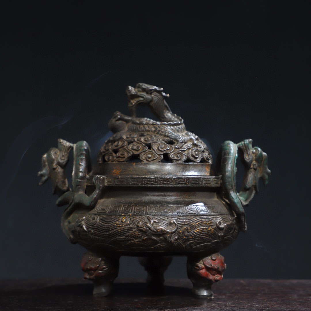 ▽鴻▽ 銅製 拓金 雙龍耳三獣足 龍蓋熏香炉 置物 古賞物 中国古玩 中国古美術
