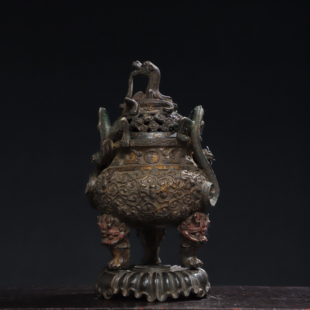 ▽鴻▽ 銅製 拓金 三足雙龍耳 熏香炉 置物 古賞物 中国古玩 中国古美術
