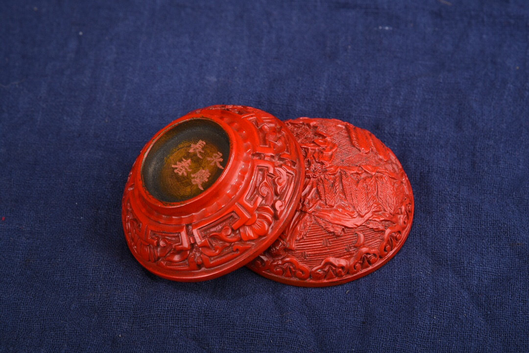 ▽鴻▽漆器漆彫 剔紅 山水紋 粉盒 置物 古賞物 中国古玩 中国古美術_画像8