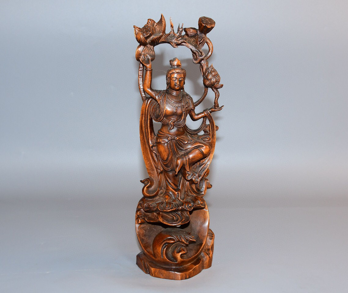 ▽鴻▽ 黄楊木製 細密彫 蓮花觀音像 置物 古賞物 中国古玩 中国古美術