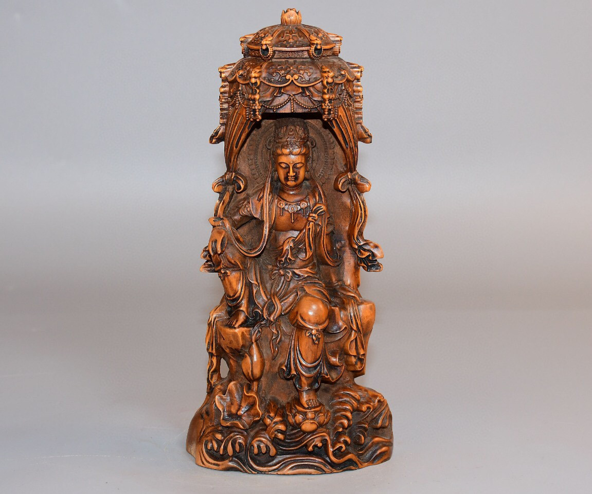 ▽鴻▽ 黄楊木製 細密彫 自在觀音像 置物 古賞物 中国古玩 中国古美術
