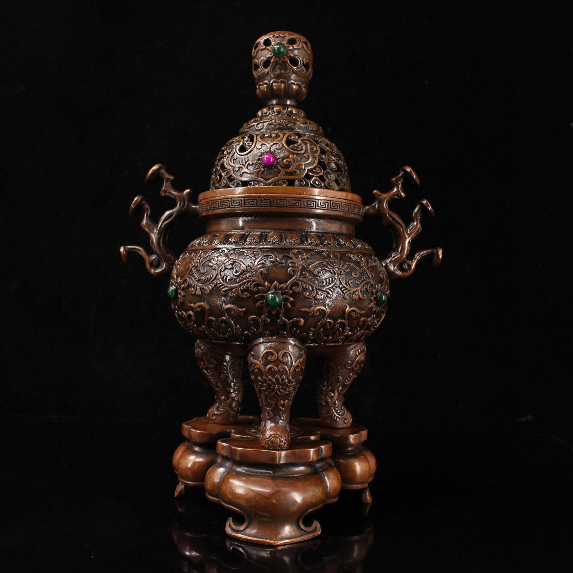 ▽鴻▽ 銅製 寶石嵌 雙如意耳 三足熏香炉 置物 古賞物 中国古玩 中国古美術
