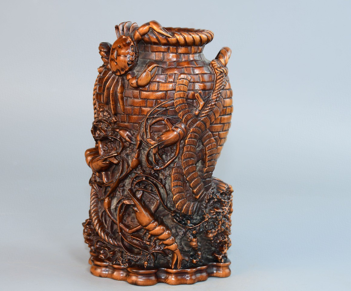 ▽鴻▽ 黄楊木製 細密彫 八方來財 置物 古賞物 中国古玩 中国古美術