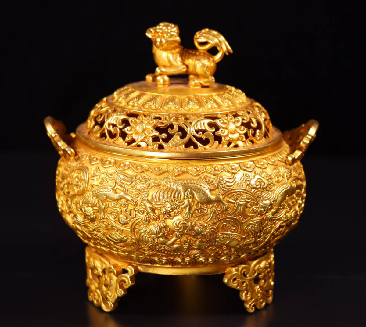▽鴻▽ 銅製 塗金 雙耳 獅蓋三足耳熏香炉 置物 古賞物 中国古玩 中国古美術