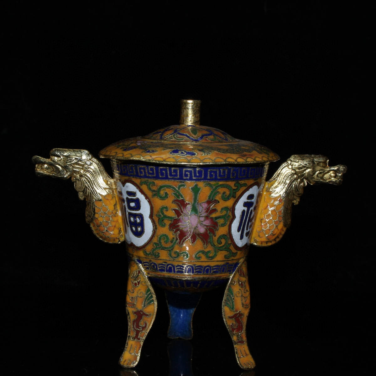 7480円 ▽鴻▽ 紫銅製 景泰藍 琺瑯彩 雙獣耳 福祿寿紋 三足熏 7480円 ▽鴻▽ 紫銅製 景泰藍 琺瑯彩 雙獣耳 福祿寿紋 三足熏