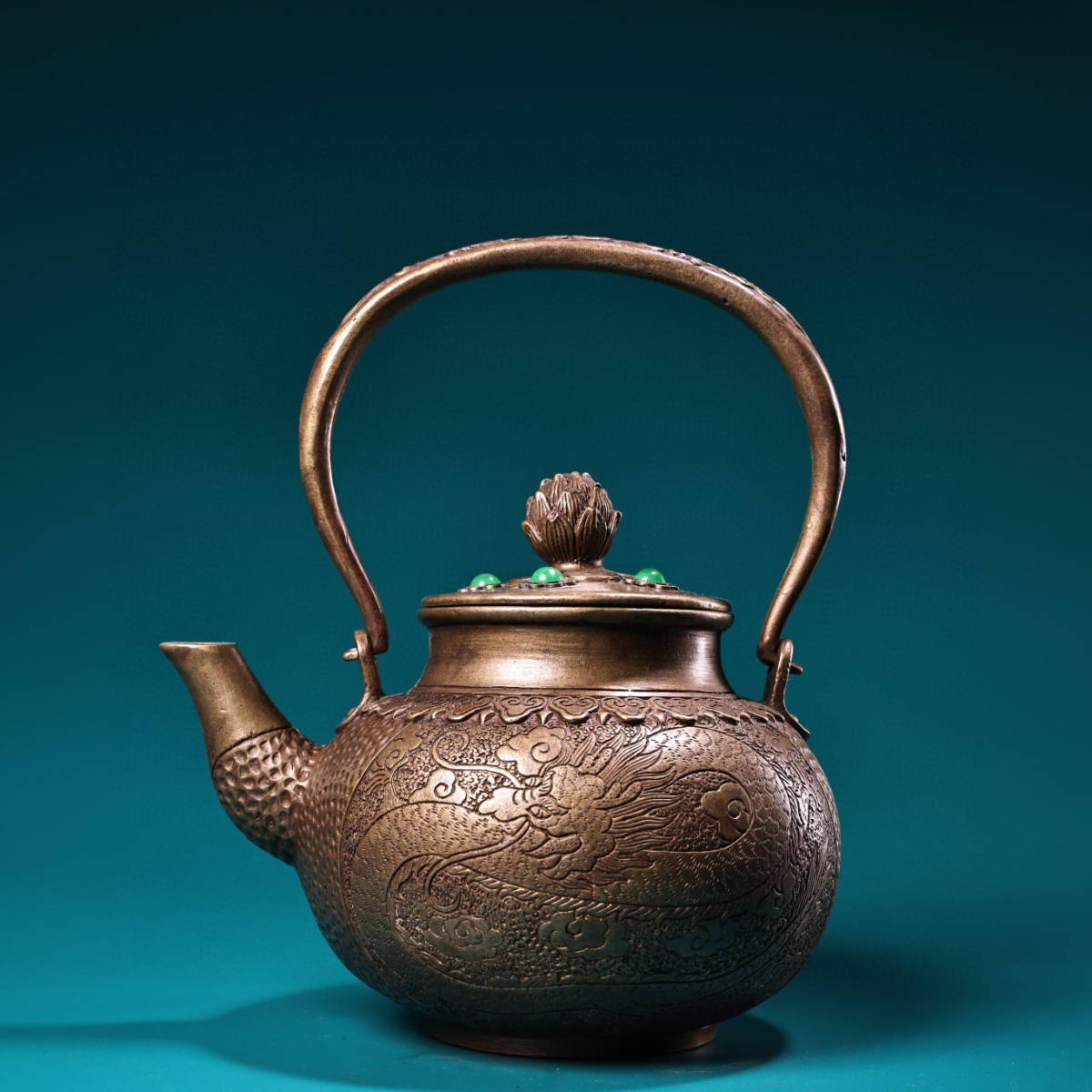 ▽鴻▽ 銅製 銀鍍 寶石嵌 提梁茶壺 置物 古賞物 中国古玩 中国古美術