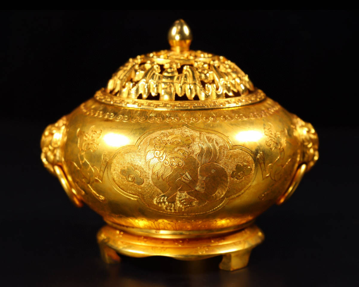 ▽鴻▽銅製 塗金 雙獣頭 熏香炉 置物 古賞物 中国古玩 中国古美術