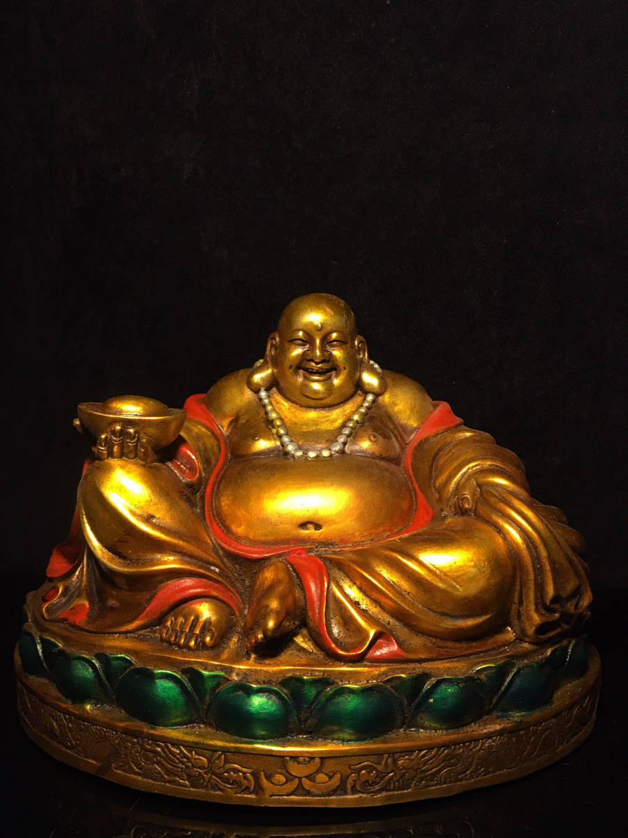 ▽鴻▽銅製 金鍍 彩繪 彌勒仏 置物 古賞物 中国古玩 中国古美術