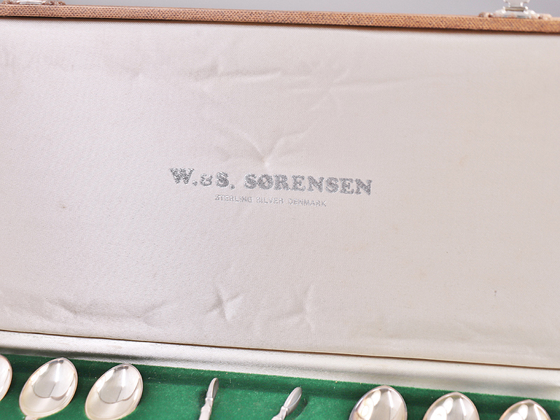 【開】『W.&S. Sorensen』 925シルバー銀製 ゴールデン・クラウン ティースプーン・シュガートング7Pセット 95.4g AC338_画像2