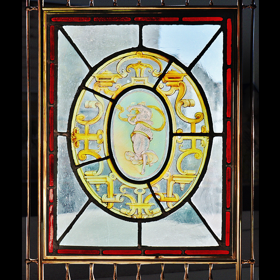 【開】20世紀イギリスアンティーク ステインドグラス女神図 ブラスファイヤースクリーン パーテーション AC372_画像8
