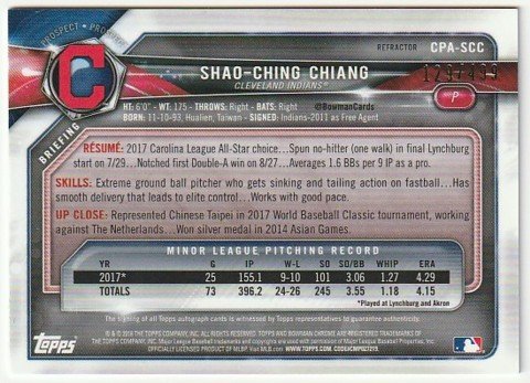 2018 BOWMAN CHROME Shao-Ching Chiang RC Auto REFRACTOR #/499 江少慶 直筆サイン_画像2